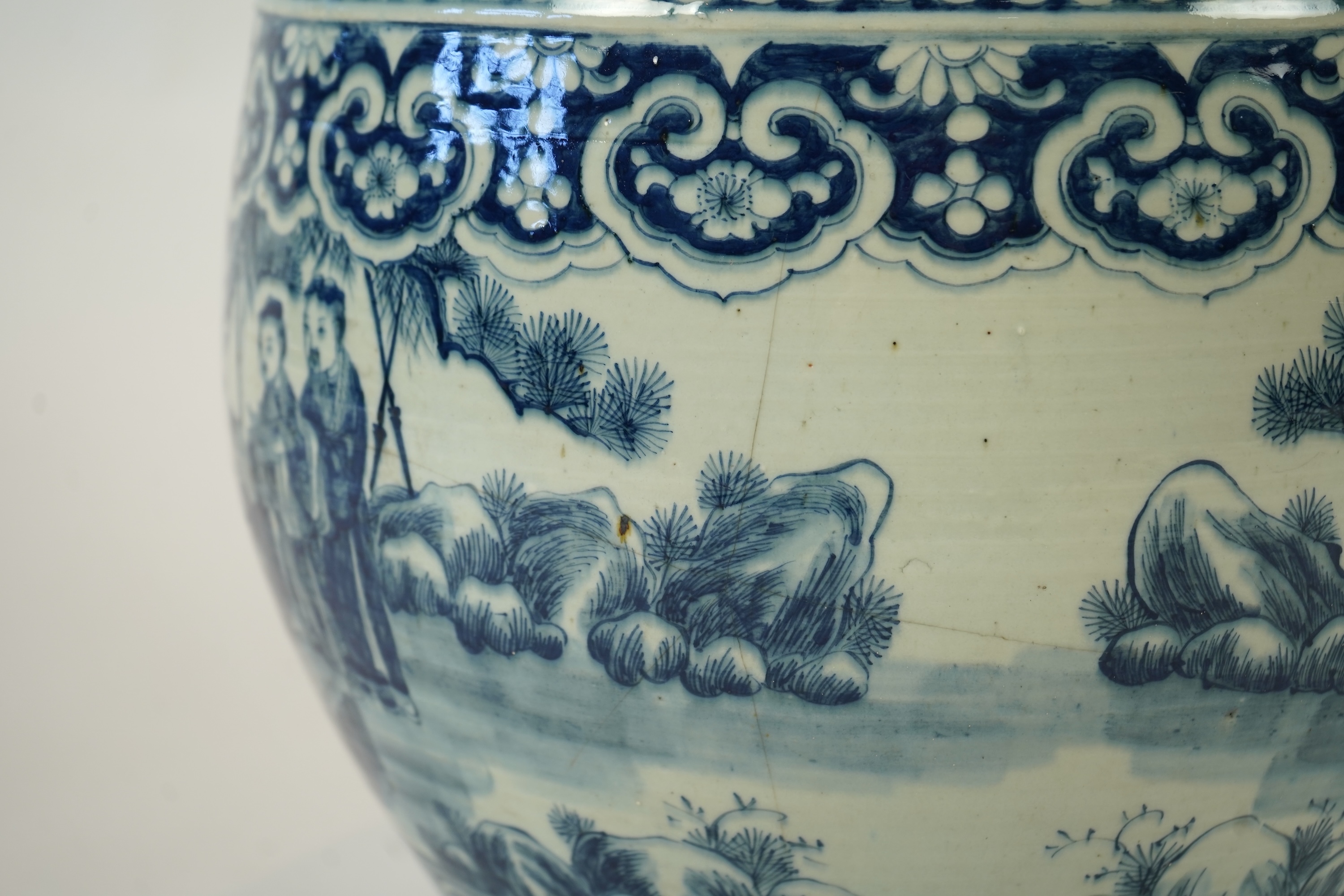 A large Chinese blue and white ‘sages’ fish bowl, early 20th century